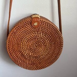 Vintage Wicker Straw Jute Crossbody Bag Canteen Purse Rattan Round Lining Preppy